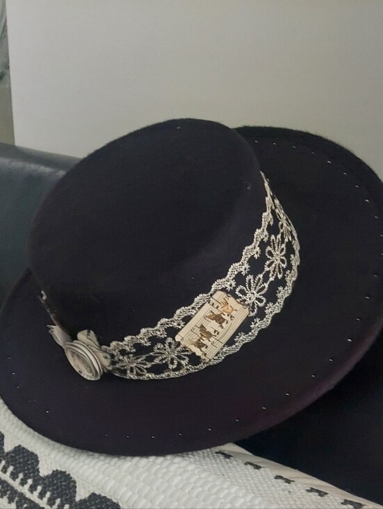 Handcrafted Black Wide-Brim  Fedora with Floral Trim main image 6